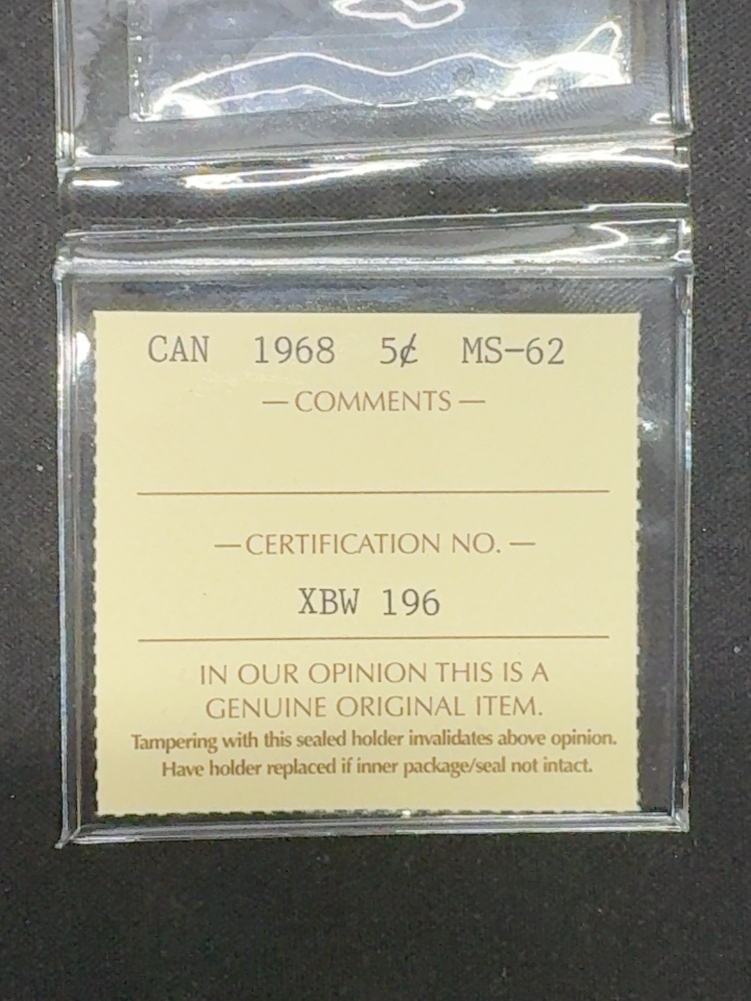 LOT 2026-278 — Pièce canadienne de 5 cents de 1968 certifiée ICCS MS-62 — photo 4