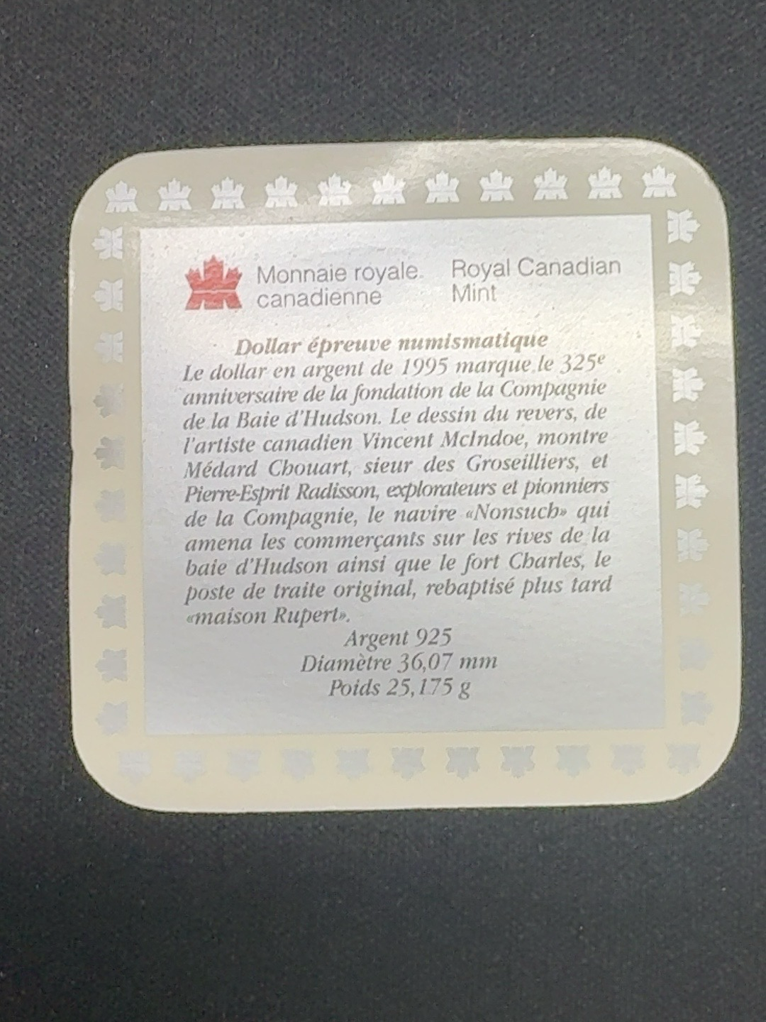 LOT 2026-316 — Dollar canadien en argent – 1995 – Compagnie de la Baie d’Hudson – Épreuve… — photo 4